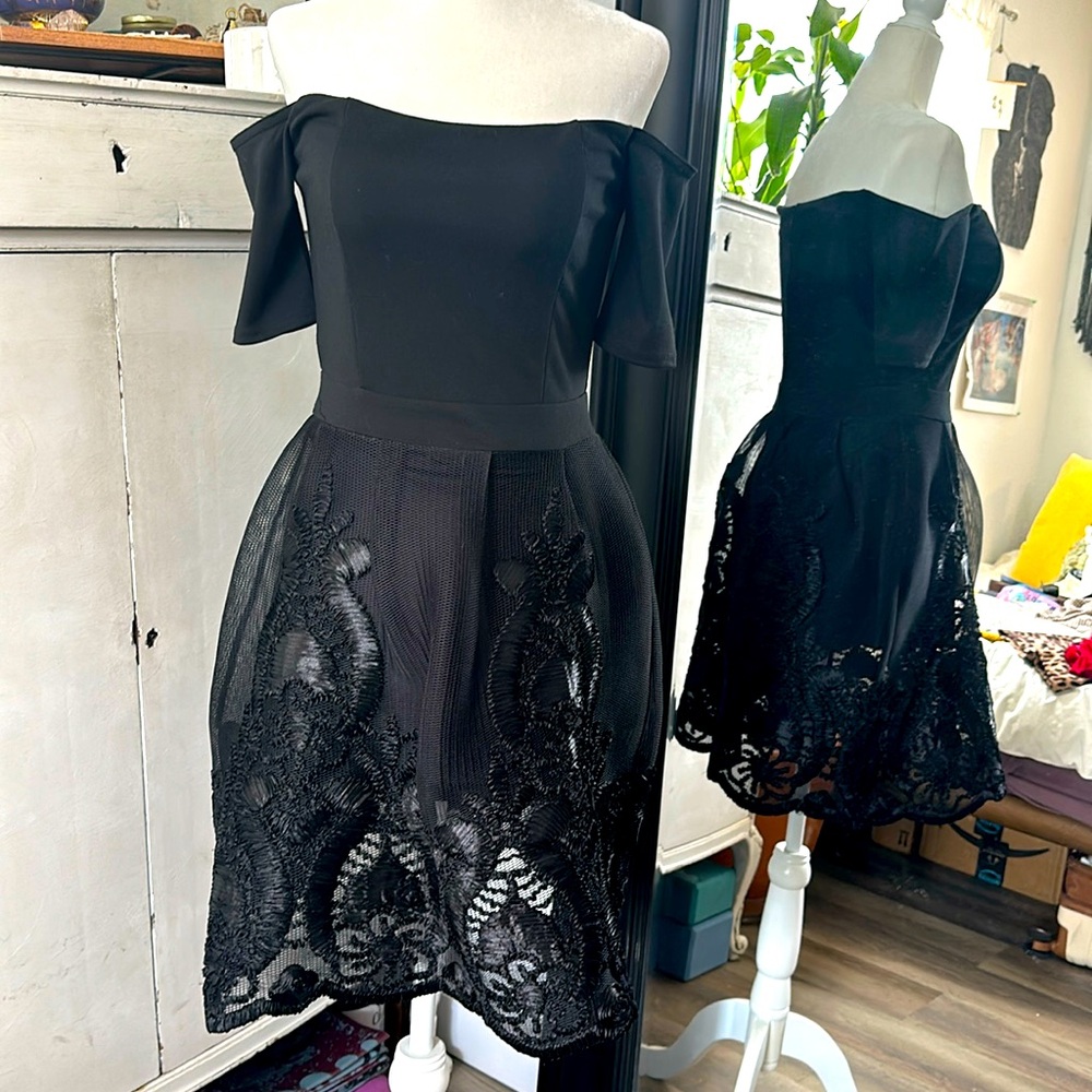 Francesca’s Black Off Shoulder Bubble Mesh Dress